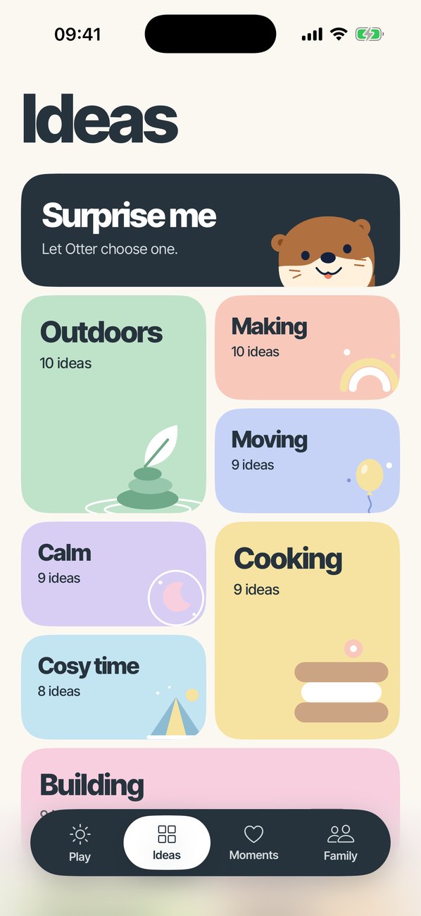 Otter's Ideas screen with coloured kinds of play and a Surprise me option.